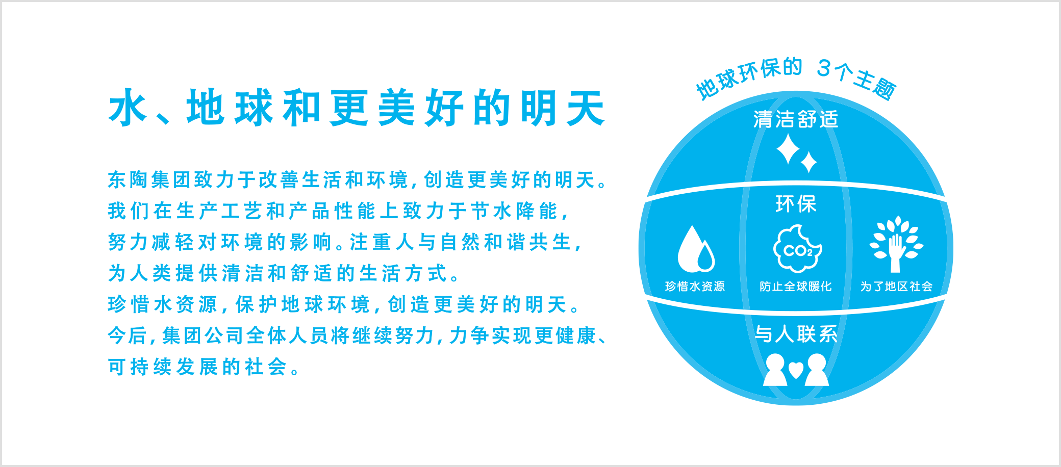 Water, Earth & a better Tomorrow  At TOTO, we're committed to improving life and the environment for a thriving future. Our production processes and products save water and energy, while reducing impact on the environment. We provide cleanliness and comfort while building relationships that enrich life. Water, Earth & a better Tomorrow All our group companies are dedicated to building a healthier and more sustainable tomorrow.